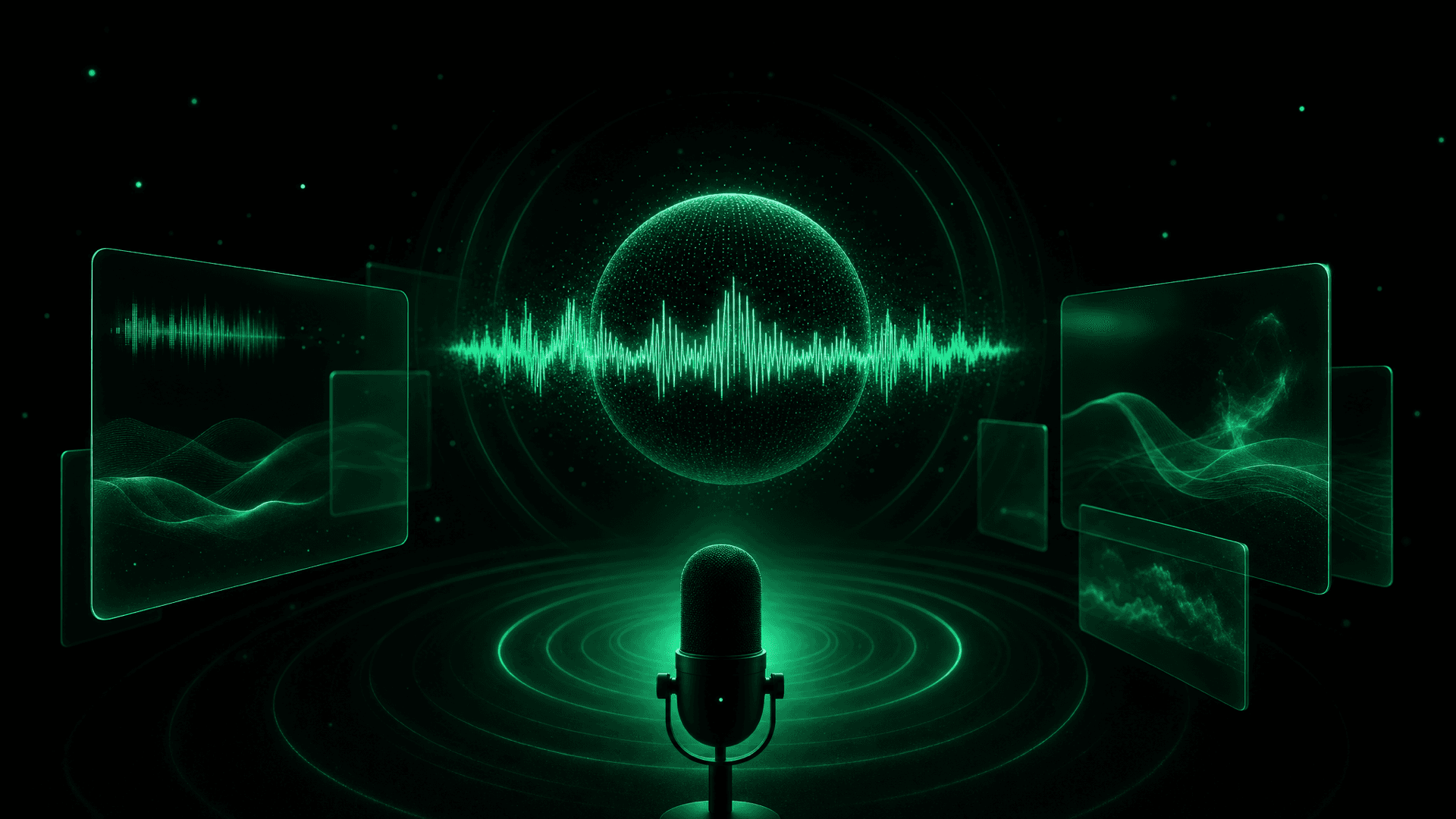 Abstract illustration of an audio waveform around a sphere