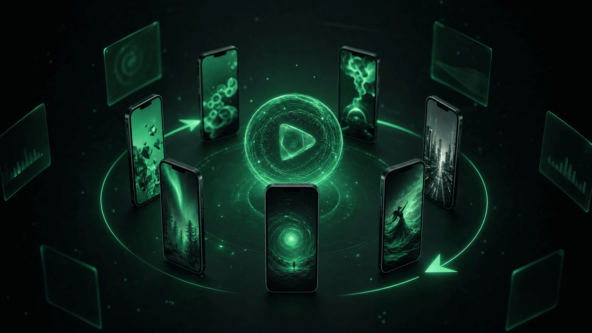 Abstract illustration of looping vertical video on phone screens